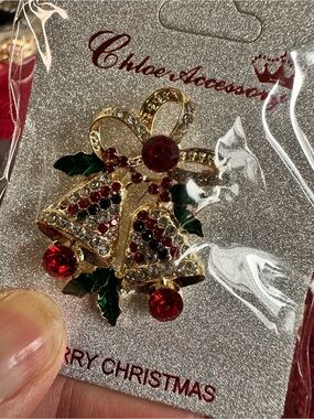 Gold-Tone Christmas Bell Brooch with Red & Green Accents